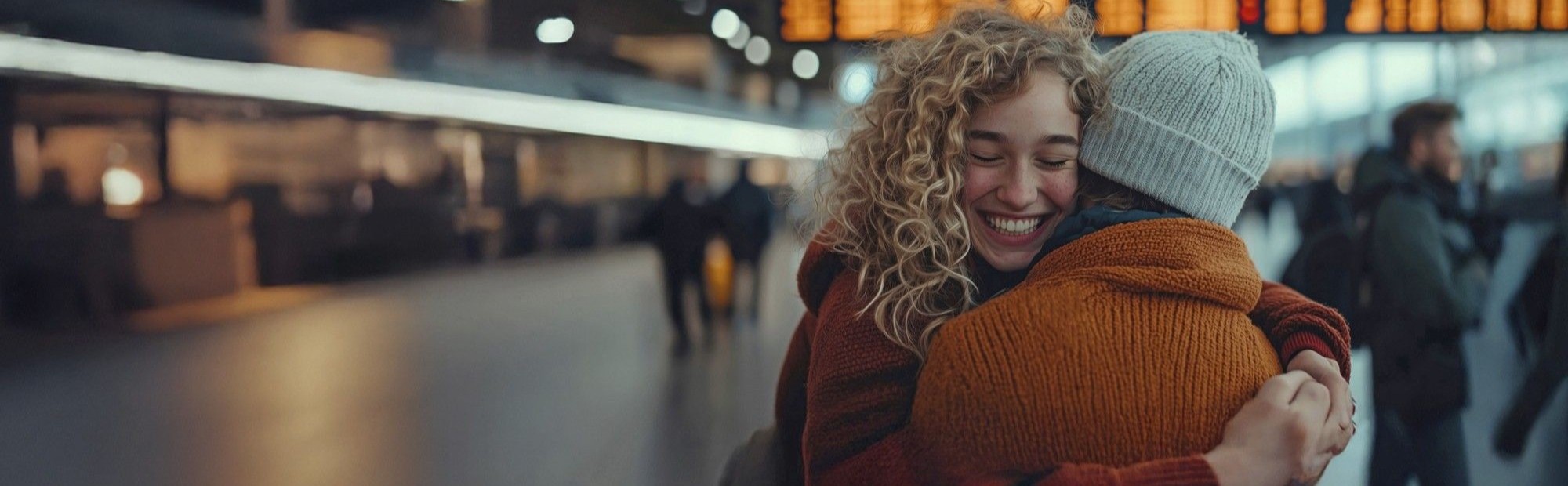 Zwei Frauen umarmen sich auf einem Bahnhof.
